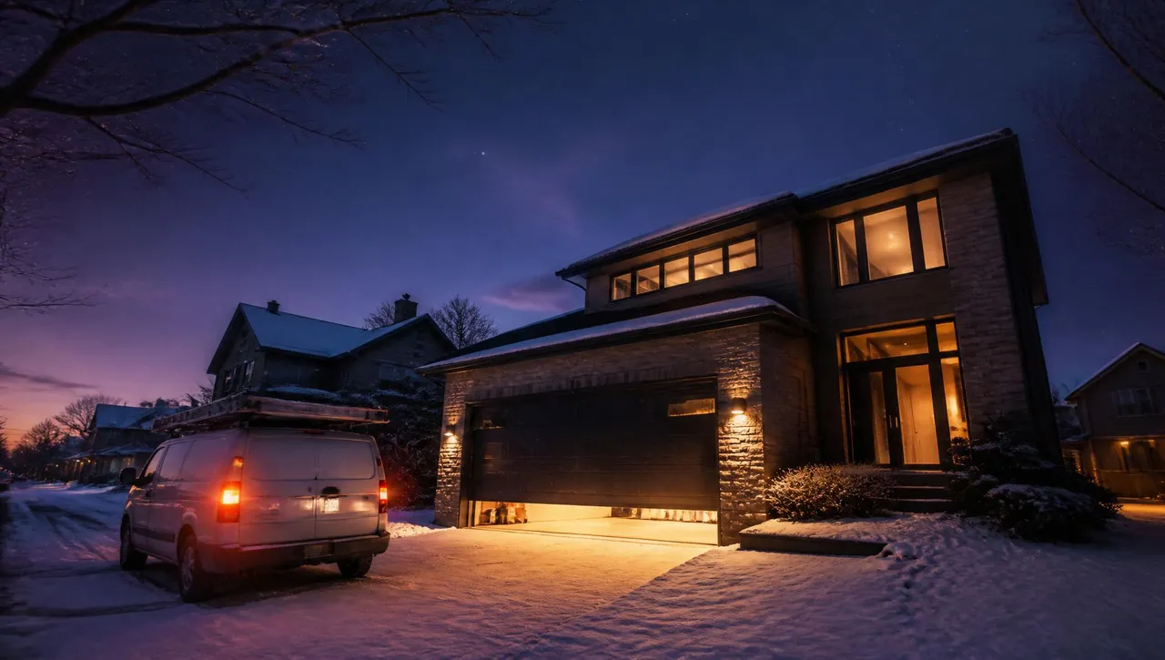 Garage door service van at a snowy Barrie home at dusk with warm light spilling from the open garage